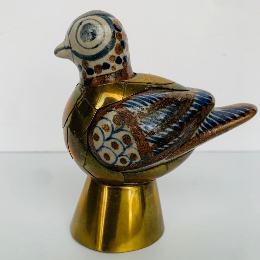 Vintage Brass Armored Pottery Bird